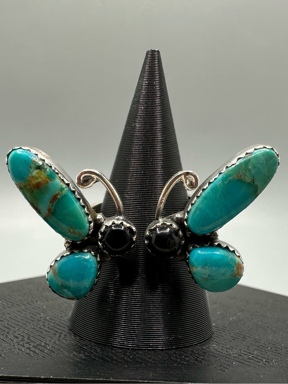 Black Onyx Turquoise Sterling Silver 925 Bypass Floater Butterfly Ring Handmade